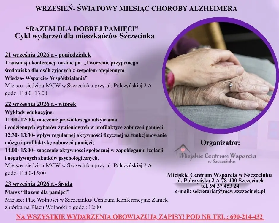 Zdjęcie do Światowy Miesiąc Choroby Alzhemiera. Miejskiej Centrum Wsparcia zaprasza na cykl wydarzeń 