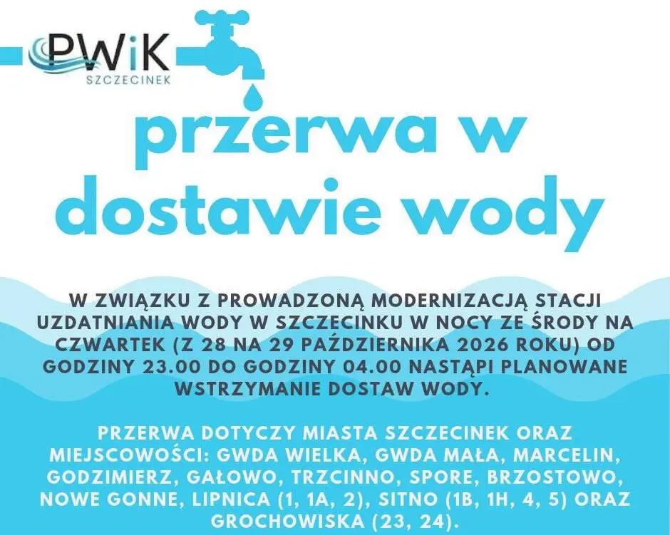 Zdjęcie do Planowana przerwa w dostawie wody w Szczecinku i okolicznych miejscowościach